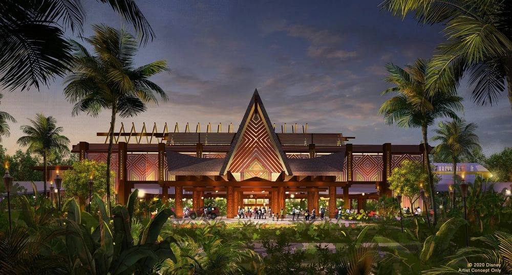 The well-lit exterior of the Polynesian Village Resort at dusk, a great Disney Deluxe Resort for families.