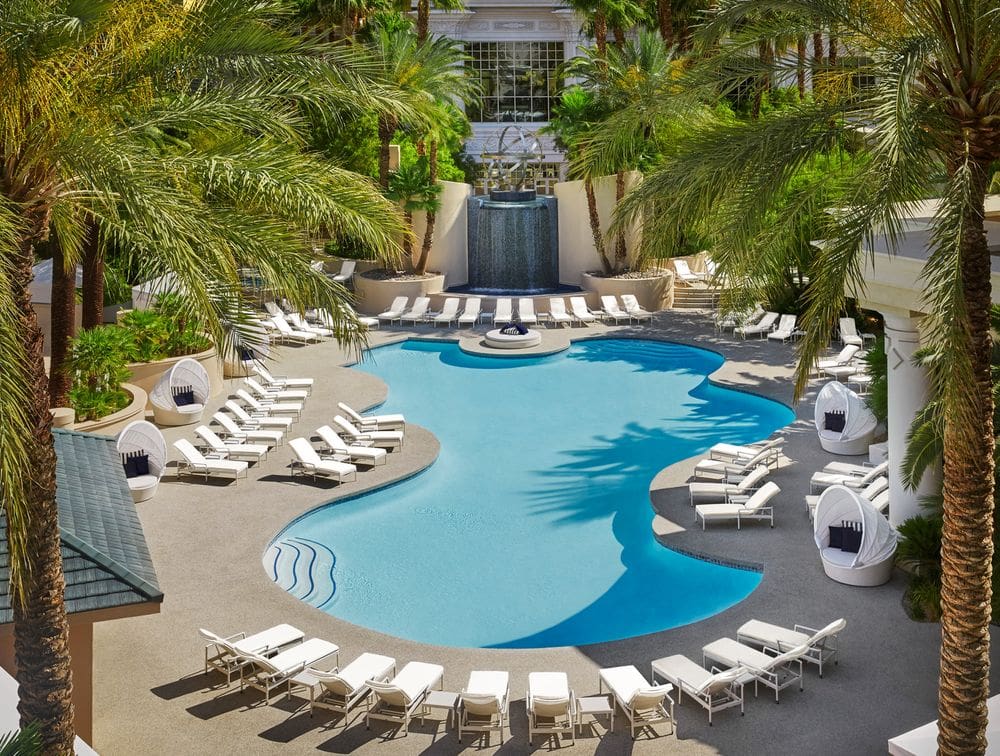 An aerial view of the pool at Photo Courtesy: Four Seasons Las Vegas, surrounded by lush palm tress and white poolside loungers.