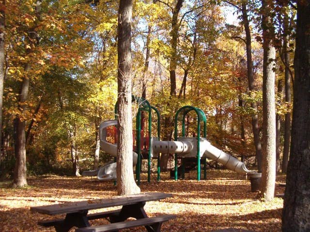 A playground is nestled amongst brilliant fall leaves in Greenbelt Park.