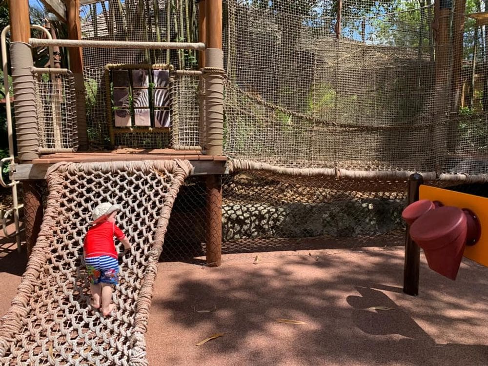 A toddler boy climbs a roped ladder at the playground within the Animal Kingdom Lodge.