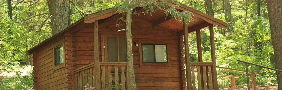 A cozy cabin nestled amongst the trees in Odetah Camping Resort.