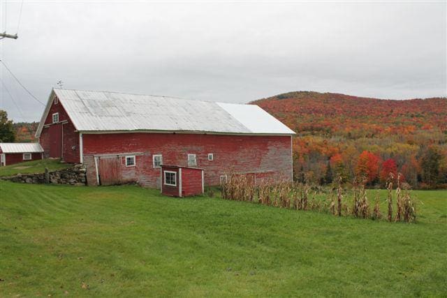 A red barn with a white roof, with an array of fall foliage in the background in Spring Hill, New Hampshire.