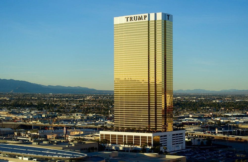 The towering exterior to Trump International Hotel Las Vegas at dusk. 