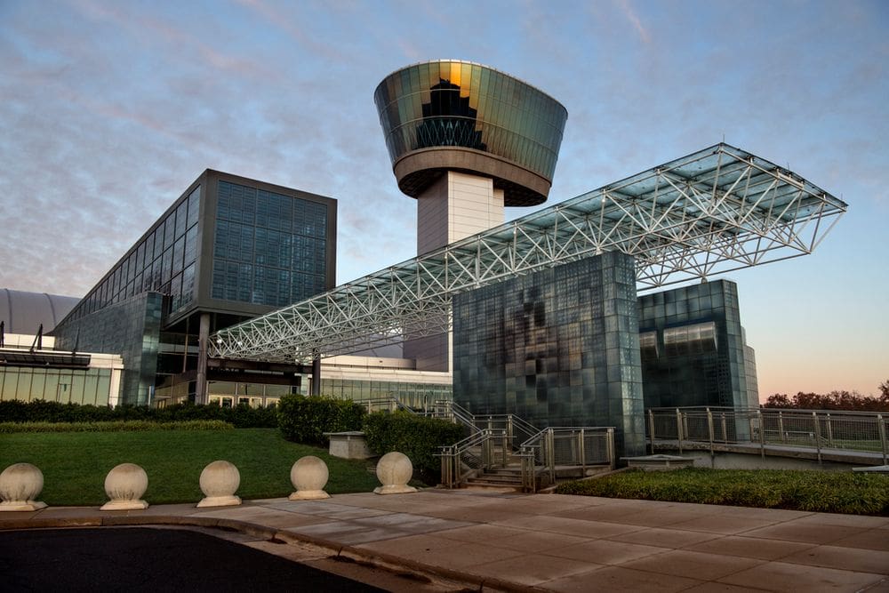 The shiny entrance to the Smithsonian National Air & Space Museum and Udvar-Hazy Center.