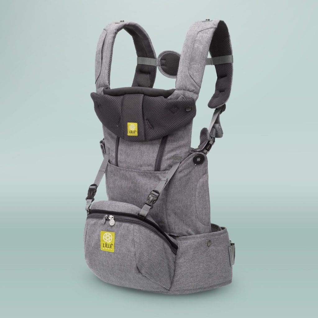 A product shot of a gray Lillebaby SeatMe All-Seasons Carrier, one of the best baby carriers for travel.