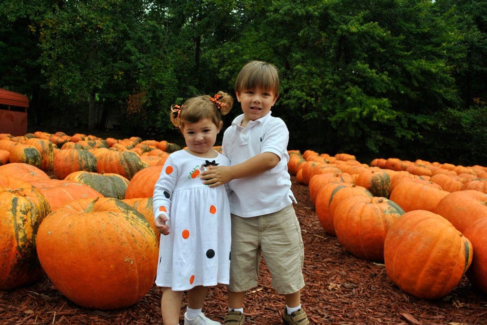 Two kids where seasonal outfits stand in a pumpkin patch in Northern Georgia.