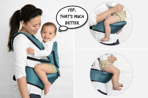 A mom holds her child using a MiaMily Baby Carrier. The baby has a word bubble reading "Yep, that's much better". Plus, there are two product shots showing how the baby can rest upon the carrier.