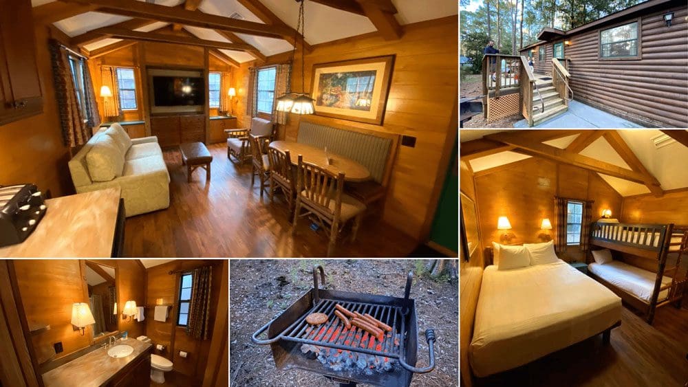Several compiled images of the unique features of Disney's Fort Wilderness Resort, all featuring cabin-themed features like pine, a fire places, and more at one of the best Disney moderate resorts for families.
