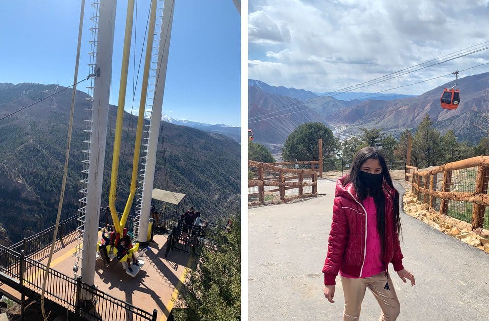 Left Image: A huge amusement ride filled with people, ready to take off at Glenwood Caverns Adventure Park. Right Image: A young girl poses, while enjoying a sunny day at the Glenwood Caverns Adventure Park.