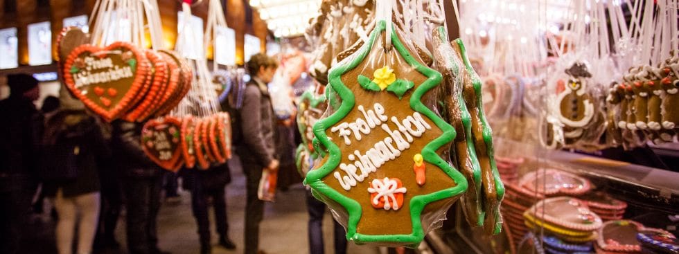 Decorative cookies hang from a stall at the Munich Christmas Market.