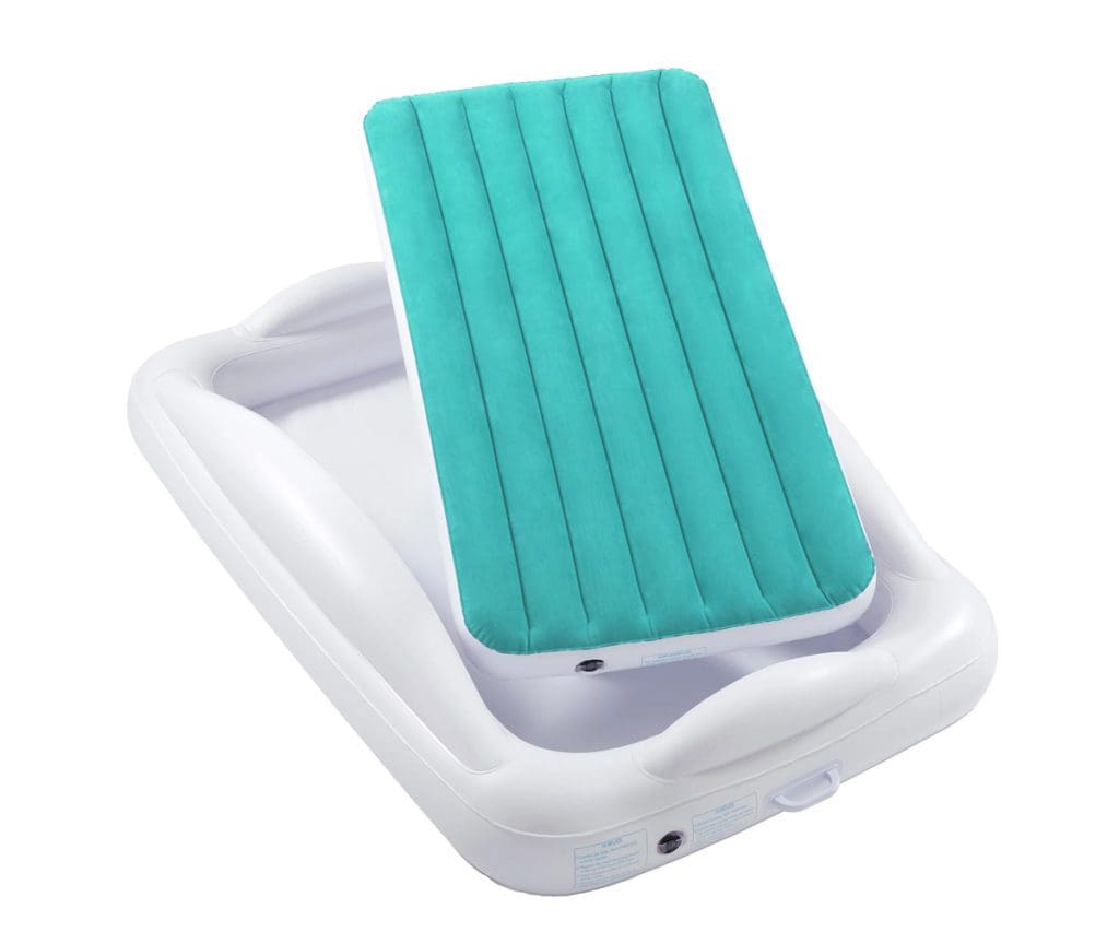 A product shot of a teal and white Hiccapop Inflatable Toddler Travel Bed.