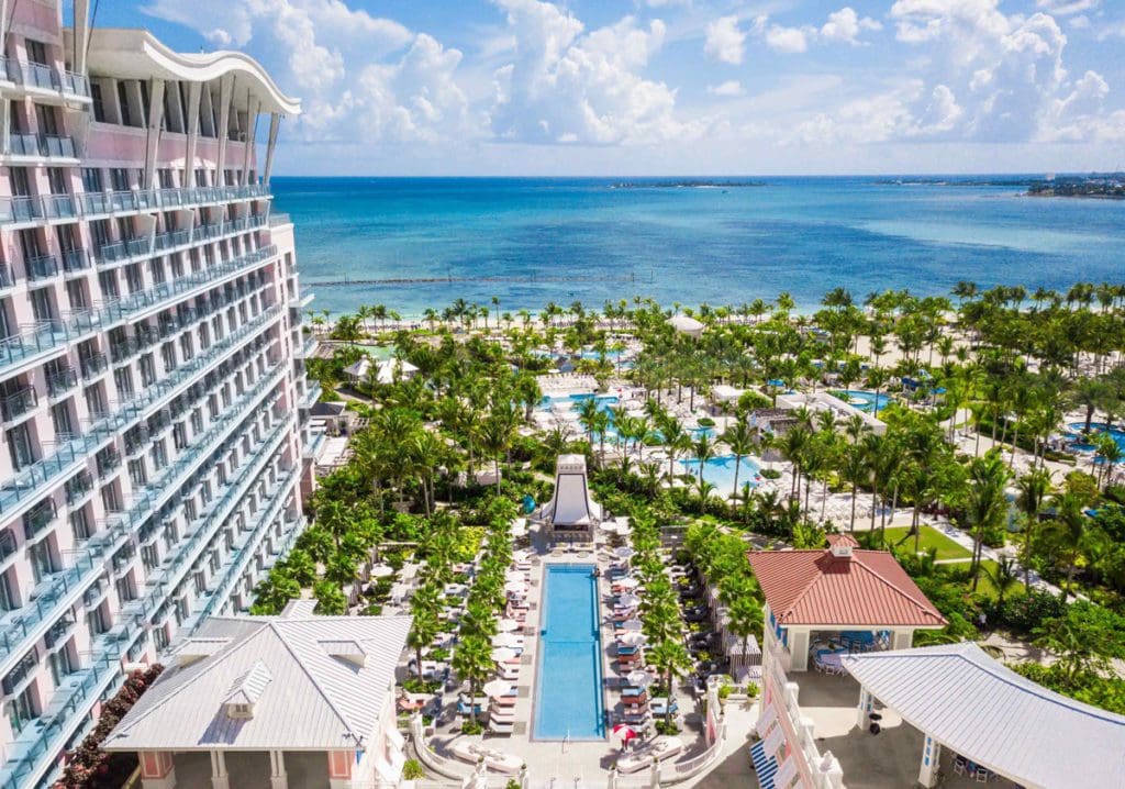 An aerial view of the grounds and pools at the SLS Baha Mar, one of the best hotels in the Bahamas for families.