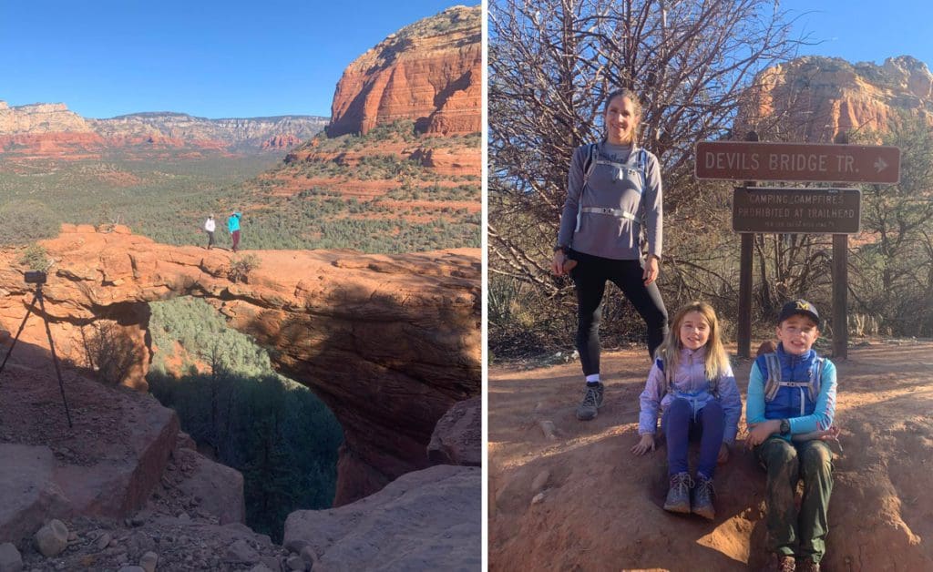 Left Image: Two people walk across Devil's Bridge near Sedona. Right Image: A mom and two kids pose near a sign for Devil's Bridge.