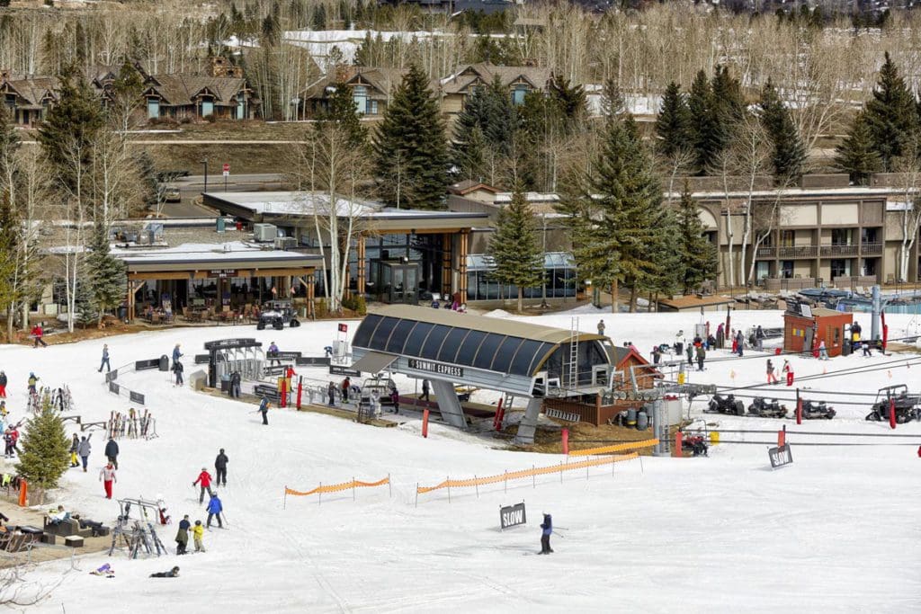 An aerial view of the grounds of the Inn at Aspen during the winter.