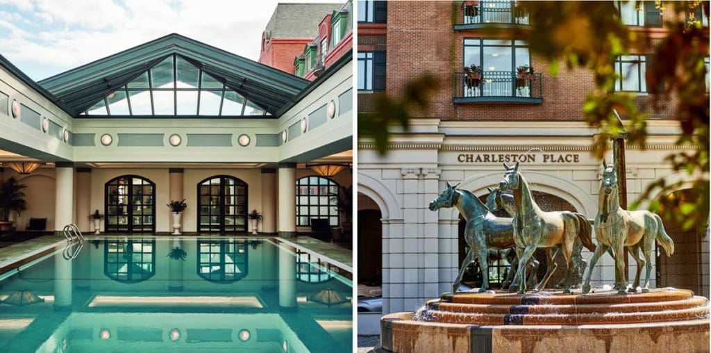 Left Image: A close-up view of the pool at Charleston Place, A Belmond Hotel. Right Image: A statue of horses outside the Charleston Place, A Belmond Hotel, one of the best hotels in Charleston for families.