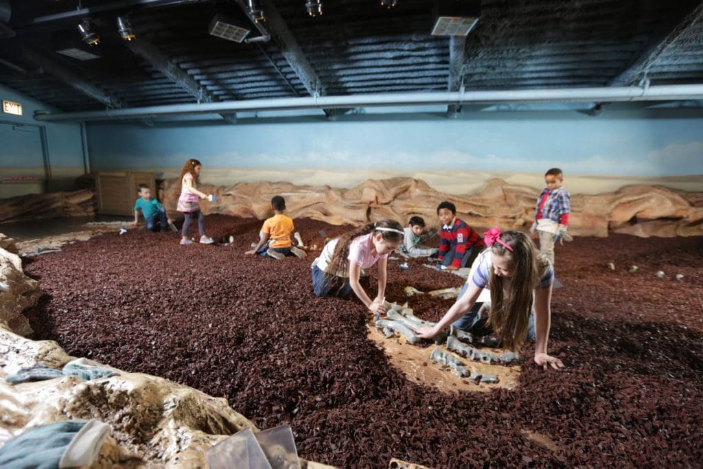 Several families explore an exhibit dig site at the Chicago Children's Museum, one of the best dinosaur museums for families.