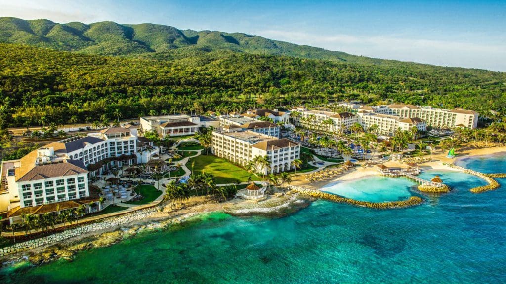 An aerial view of the grounds and beach of the Hyatt Ziva Rose Hall.