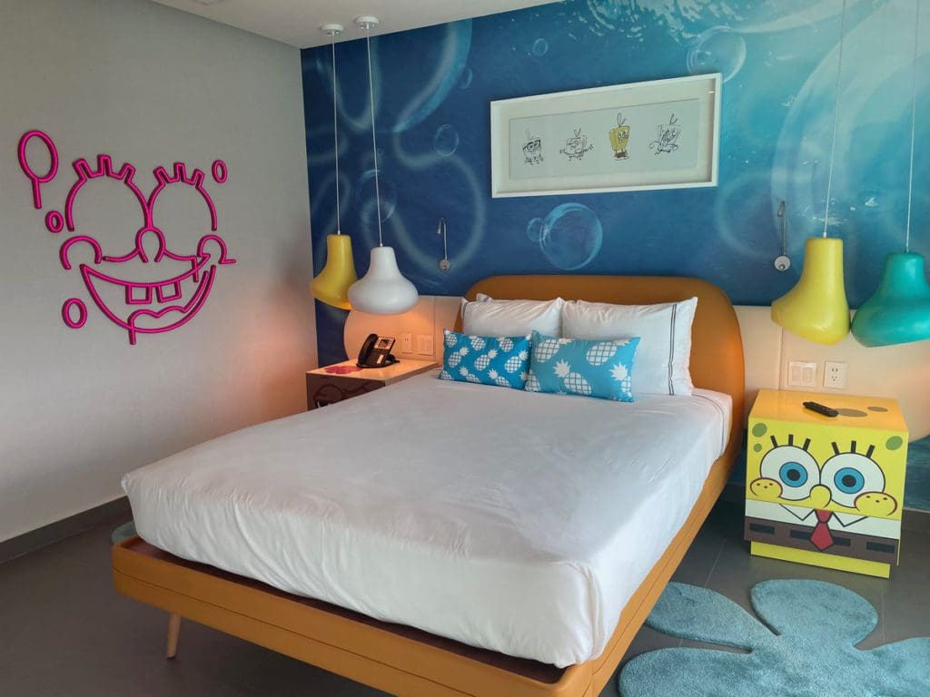 Inside a hotel room featuring a Sponge Bob theme.