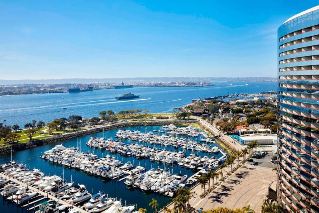 An aerial view of the Marriott Marquis San Diego Marina, featuring its marina location.