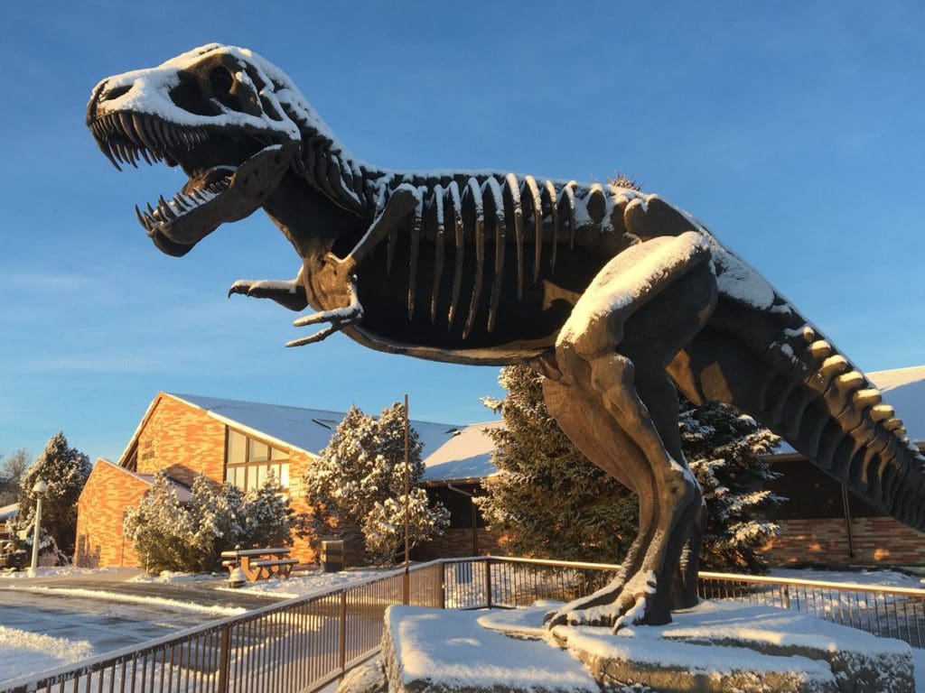 A large T-Rex skeleton, dusted with snow, outside the Tate Geological Museum at Casper College, one of the best dinosaur museums in the United States for families.