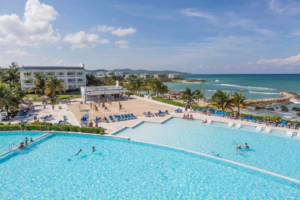 An aerial view of the pools, beach, and grounds of the Grand Palladium Jamaica Resort & Spa.
