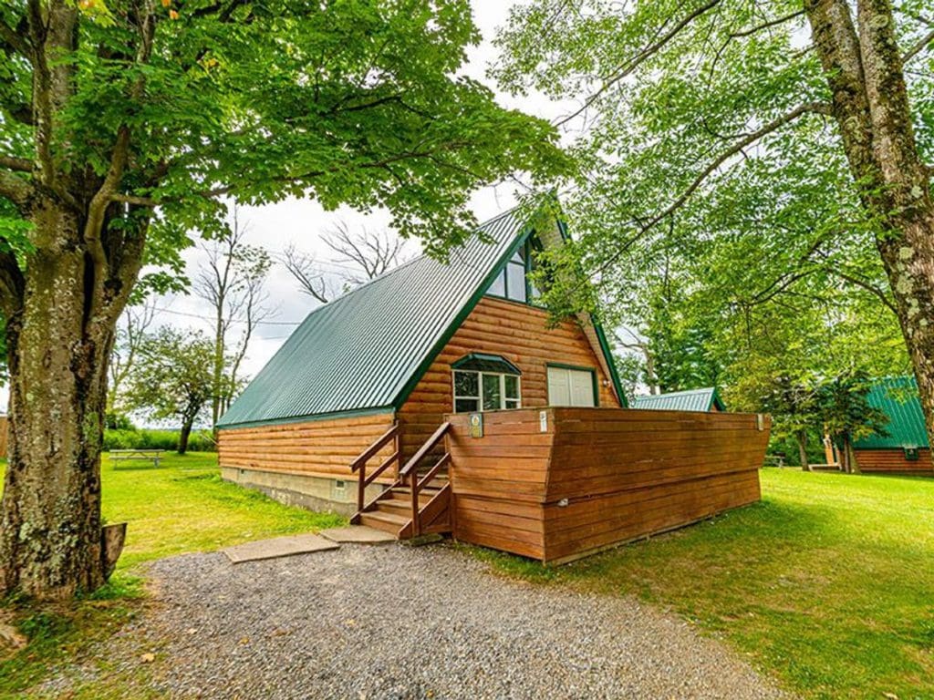 One of the cabins at the Jellystone Park of Western New York, nestled amongst the trees.