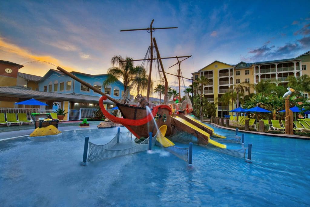 The on-site pirate splash pad at Marriott Harbour Lake at dusk.