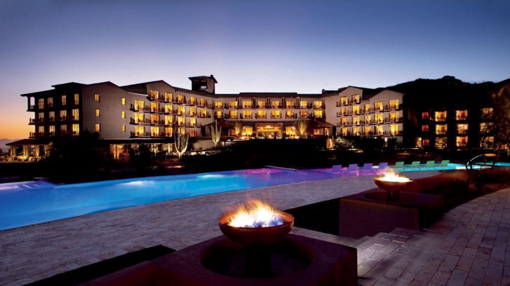 The exterior of the The Ritz-Carlton, Dove Mountain at night.