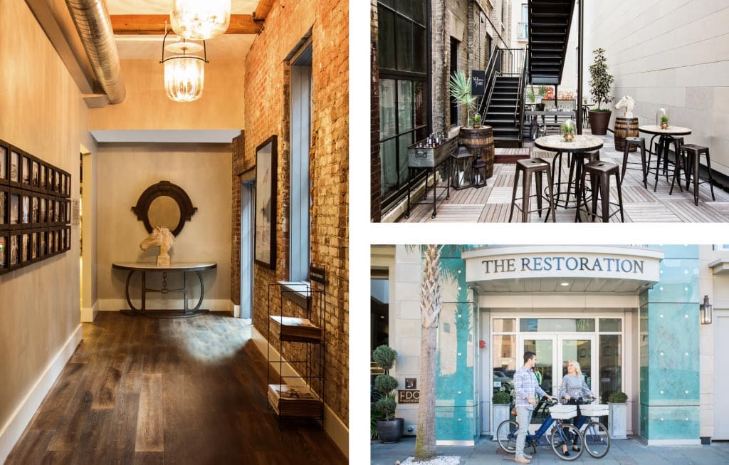 Left Image: A long hallway at The Restoration Charleston, featuring lovely furnishings and dark woods. Right Top Image: An outdoor terrace at The Restoration Charleston, featuring several high-top tables and a metal staircase in the background. Right Bottom Image: A man and woman stand in front of the entrance to The Restoration Charleston with bikes.