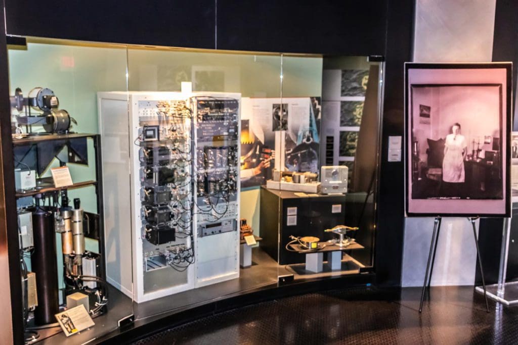 Inside a 1950s-era exhibit case at National Atomic Testing Museum, featuring a refrigerator and other kitchen things.