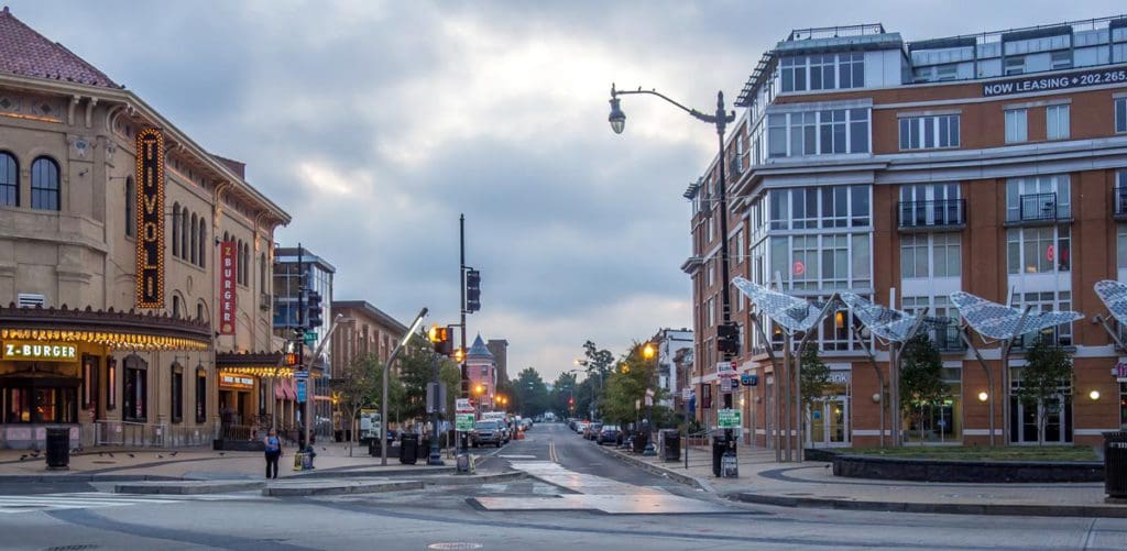 A view down a street in the Columbia Heights neighborhood of Washington DC.