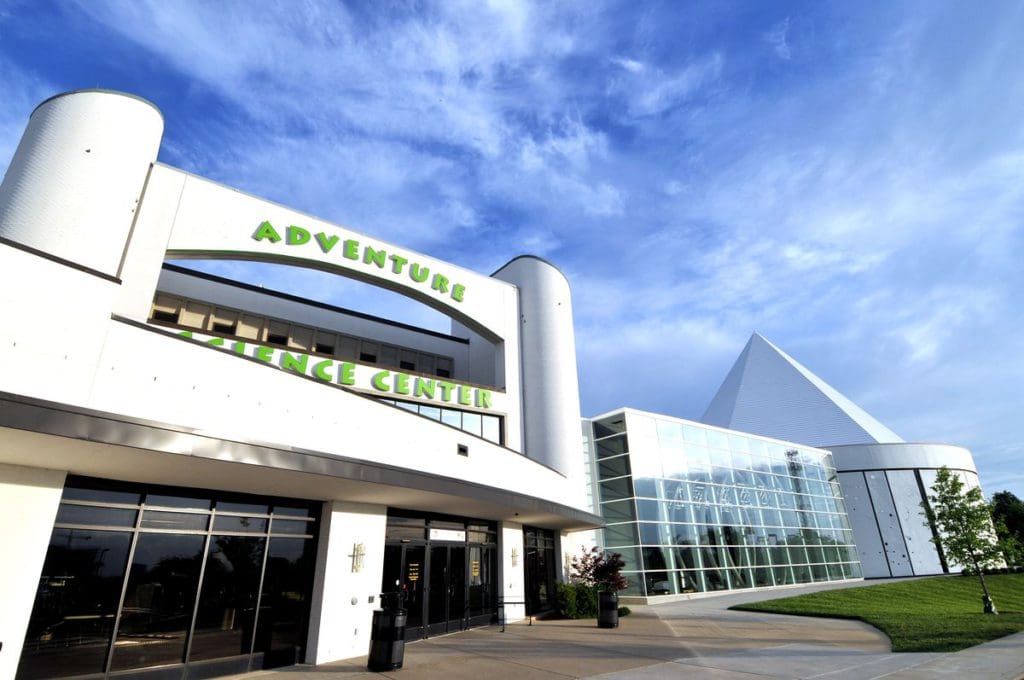 The entrance to Nashville's Adventure Science Center on a sunny day.