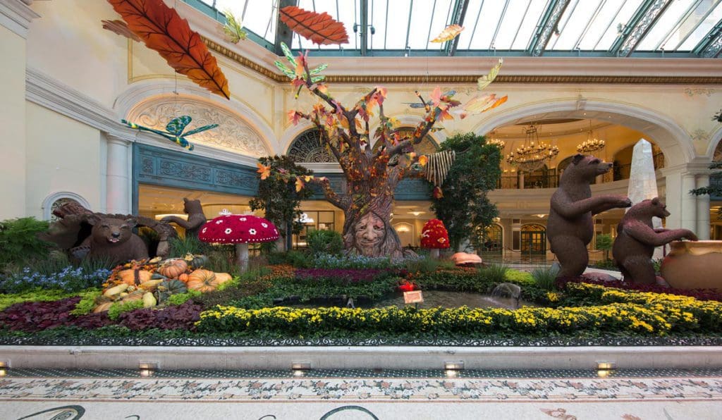A colorful display, featuring flowers and trees, at the Bellagio Conservatory & Botanical Garden.