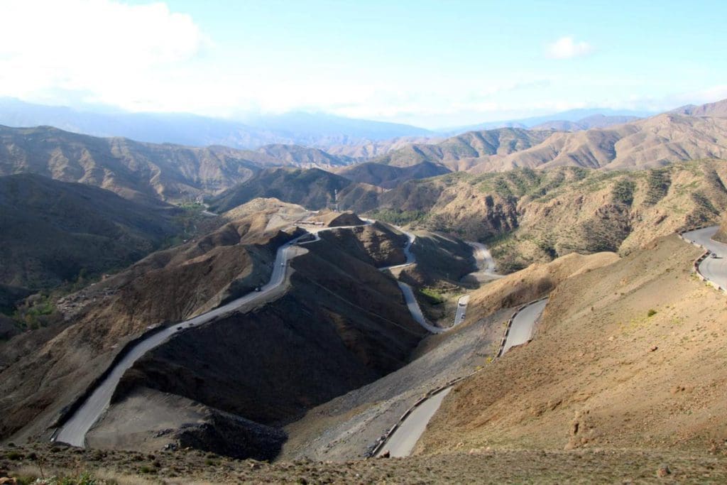 The arid landscape of the Moroccan desert outside of Fez, with roads crossing over the land.