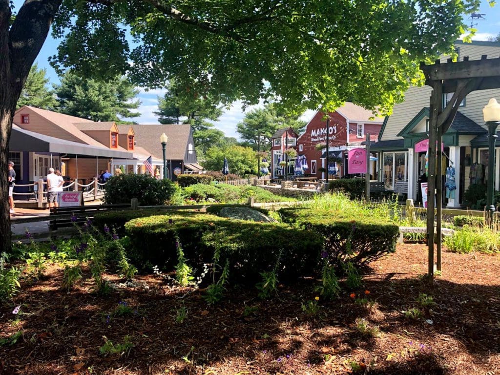 A tree shades a grassy area, with Olde Mistick Village buildings in the distance.