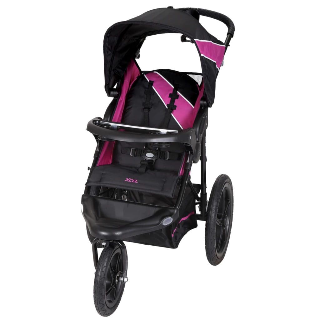 A product shot of a black and pink Baby Trend Xcel Jogger Stroller.