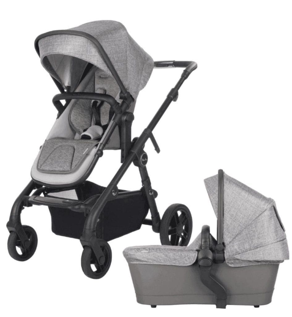 A product shot of a gray Silver Cross Wave Baby Stroller, next the corresponding pram attachment.