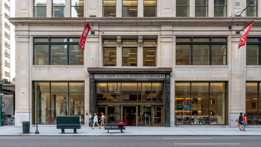 The exterior entrance to the Stavros Niarchos Foundation Library in New York City.