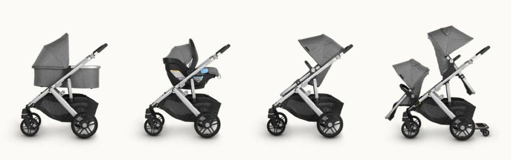 Product shot of UPPA Baby Vista V2 in four different positions from pram to double stroller.