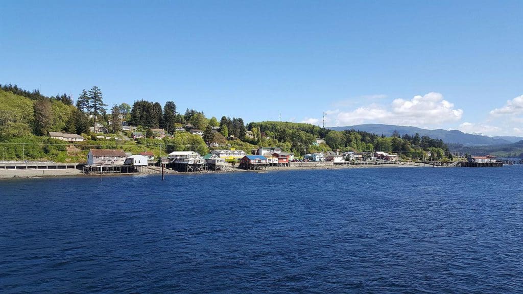 A view of Alert Bay from across the water, featuring a line of buildings, with trees in the distance.