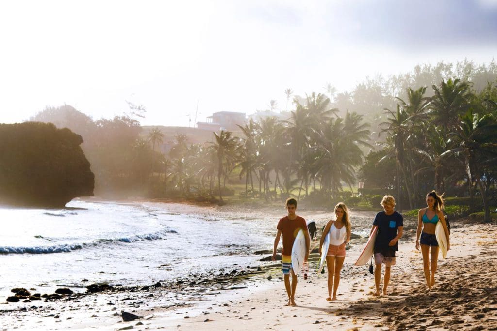 Four people, each holding surf boards, walk across a beach in Barbados. Barbados is a great place to go surfing with kids! 