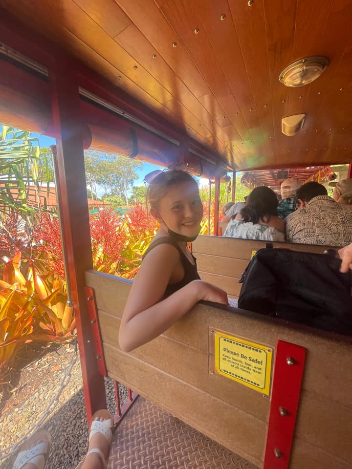 A young girl rides along a train during the Dole Pineapple Factory Tour. 
