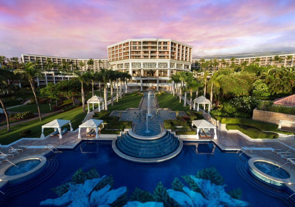 An aerial view of the rear exterior and pool at the Grand Wailea, A Waldorf Astoria Resort.