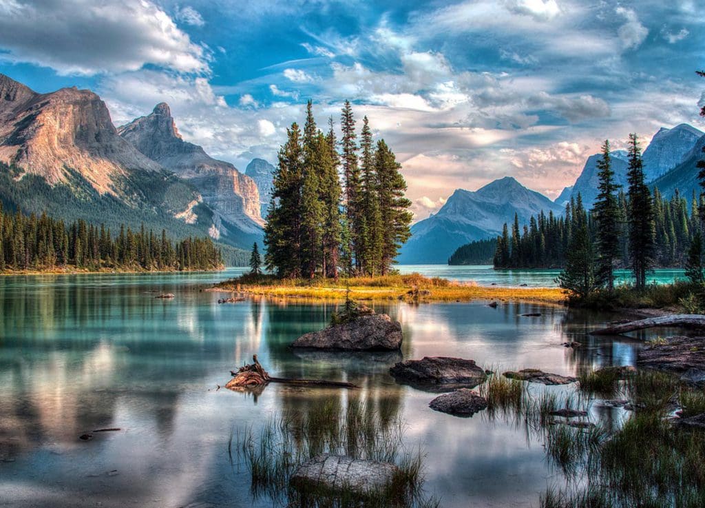 A view of a small island of pines on a large lake inside Jasper National Park, with mountains in the distance.