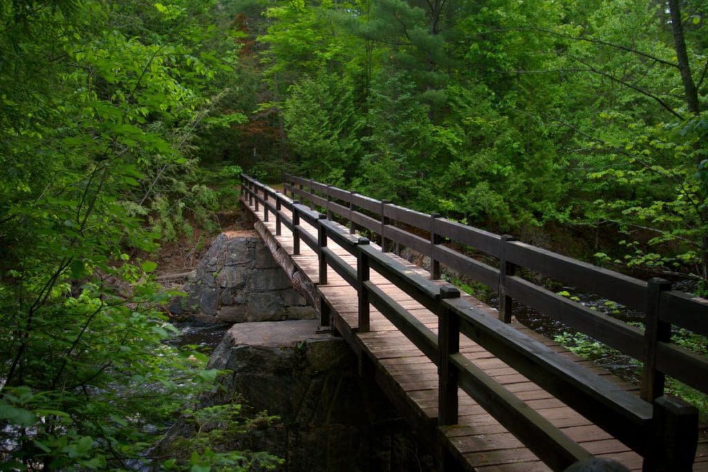 A large bridge stretches across a river in Copper Falls State Park in Wisconsin, with lush greenery surrounding it.