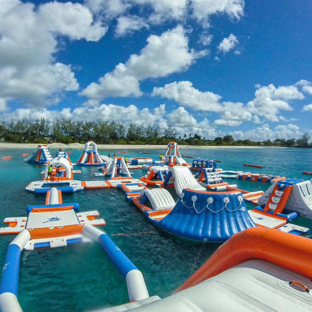 An overhead view of the many inflatables for kids on the water at Rascals Water Park.