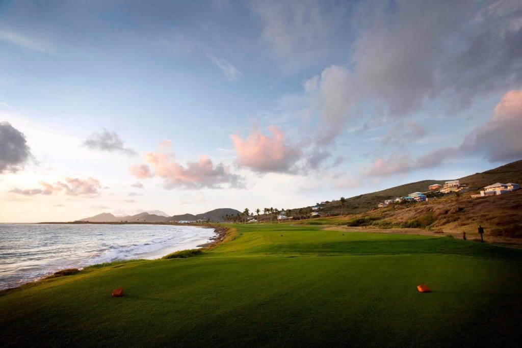 A lovely stretch of green space along the ocean shoreline at St Kitts Marriott & The Royal Beach Casino.