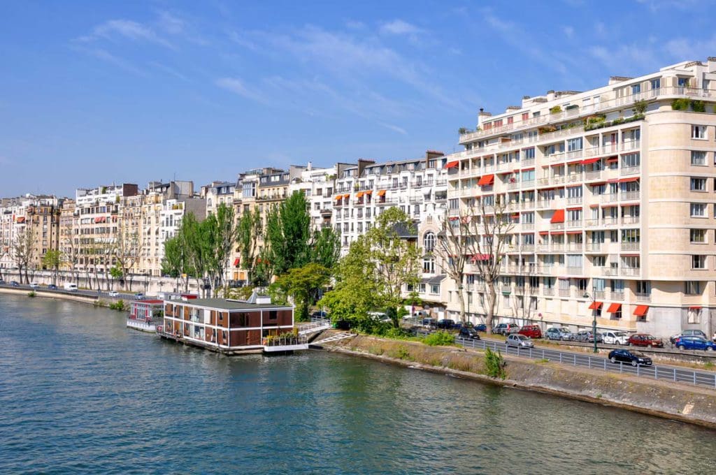 The bank of the Seine River, with buildings from the 16th Arrondissement on the far side.