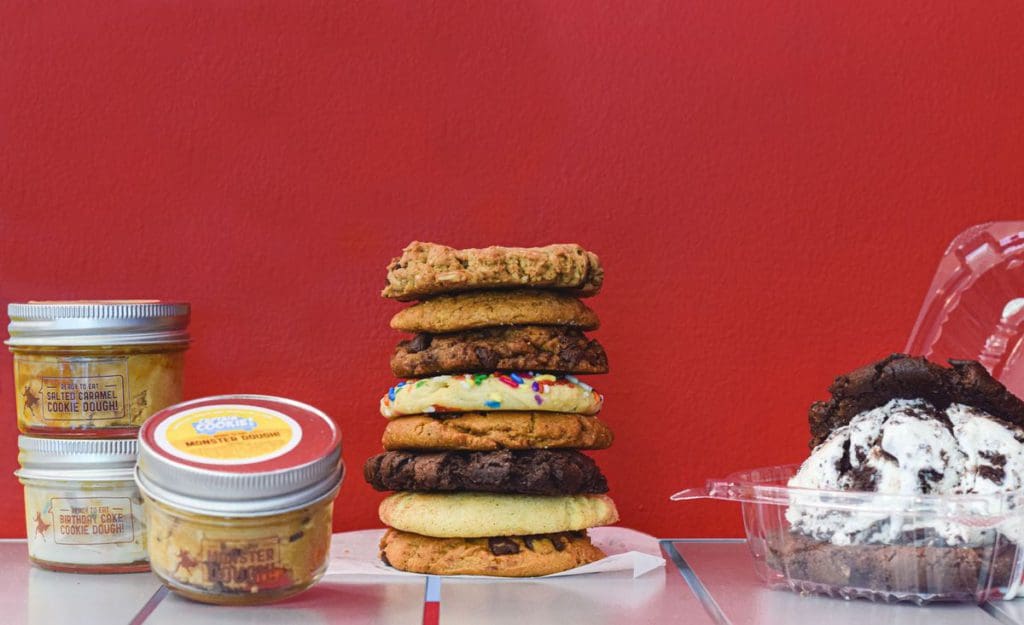 Large cookies with all the fixins staged at Captain Cookie and the Milkman, one of the best dessert spots in DC for families.