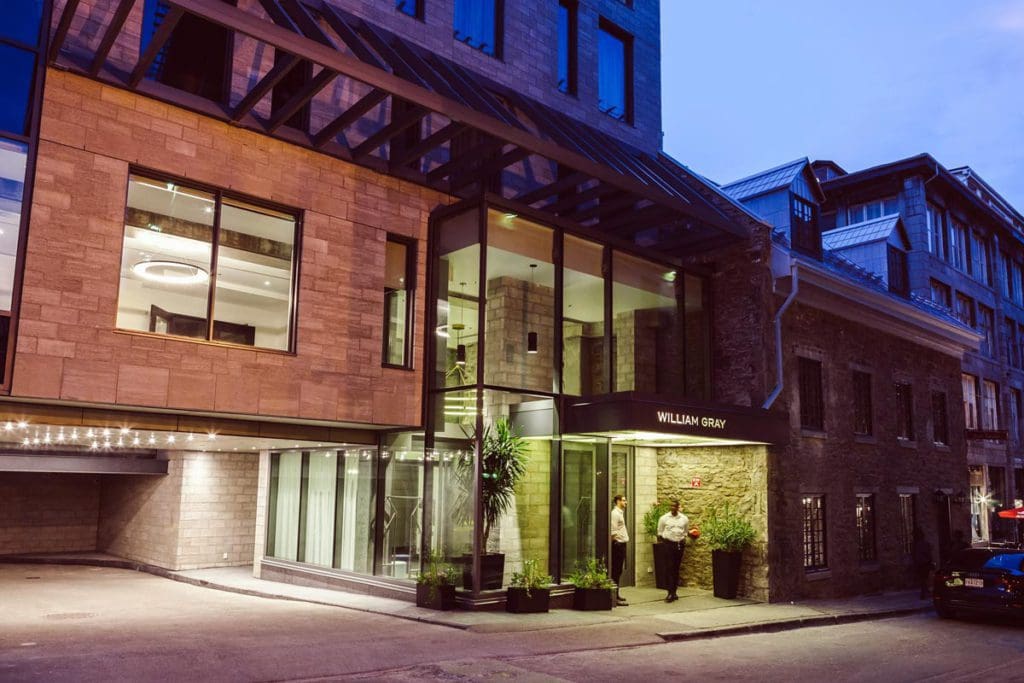 The exterior entrance to Hotel William Gray at night.